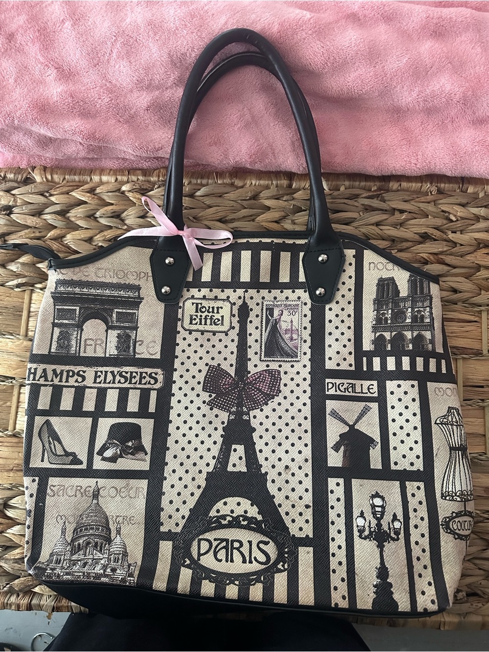 Paris Print Shoulder Tote Bag with Black Handles